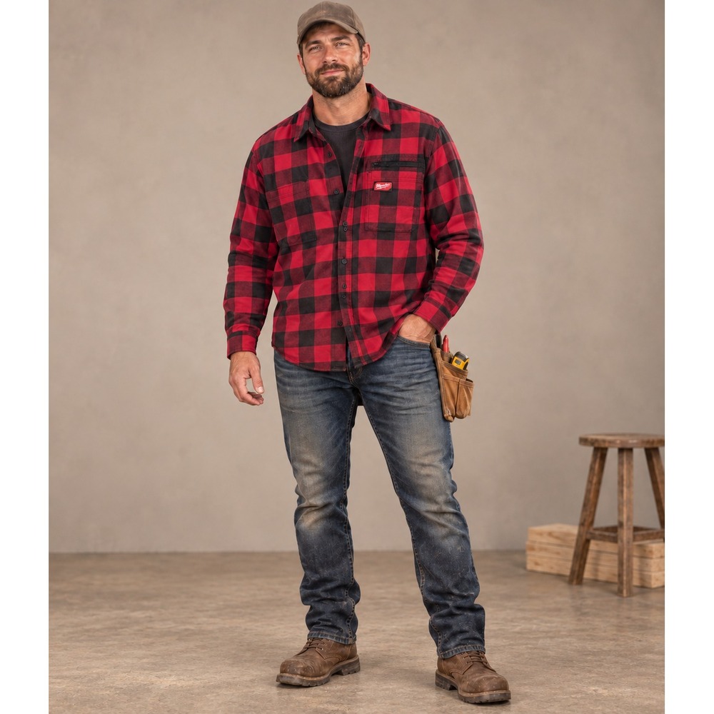 Milwaukee Tool Gridiron Heavy Duty Red Black Buffalo Plaid Work Shirt XL Fall
